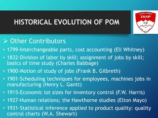 HISTORICAL EVOLUTION OF POM
 Other Contributors
• 1799-Interchangeable parts, cost accounting (Eli Whitney)
• 1832-Division of labor by skill; assignment of jobs by skill;
basics of time study (Charles Babbage)
• 1900-Motion of study of jobs (Frank B. Gilbreth)
• 1901-Scheduling techniques for employees, machines jobs in
manufacturing (Henry L. Gantt)
• 1915-Economic lot sizes for inventory control (F.W. Harris)
• 1927-Human relations; the Hawthorne studies (Elton Mayo)
• 1931-Statistical inference applied to product quality: quality
control charts (W.A. Shewart)
 