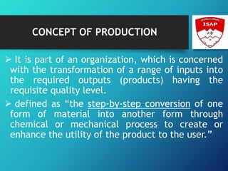 CONCEPT OF PRODUCTION
 It is part of an organization, which is concerned
with the transformation of a range of inputs into
the required outputs (products) having the
requisite quality level.
 defined as “the step-by-step conversion of one
form of material into another form through
chemical or mechanical process to create or
enhance the utility of the product to the user.”
 