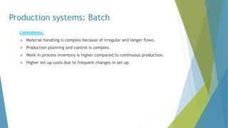 Production systems: Batch
Limitations:
 Material handling is complex because of irregular and longer flows.
 Production planning and control is complex.
 Work in process inventory is higher compared to continuous production.
 Higher set up costs due to frequent changes in set up.
 