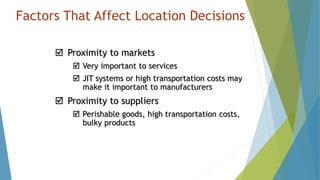 Factors That Affect Location Decisions
 Proximity to markets
 Very important to services
 JIT systems or high transportation costs may
make it important to manufacturers
 Proximity to suppliers
 Perishable goods, high transportation costs,
bulky products
 