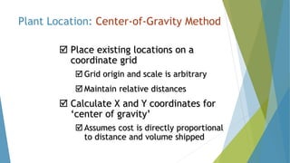 Plant Location: Center-of-Gravity Method
 Place existing locations on a
coordinate grid
 Grid origin and scale is arbitrary
 Maintain relative distances
 Calculate X and Y coordinates for
‘center of gravity’
 Assumes cost is directly proportional
to distance and volume shipped
 