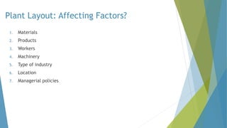 Plant Layout: Affecting Factors?
1. Materials
2. Products
3. Workers
4. Machinery
5. Type of industry
6. Location
7. Managerial policies
 