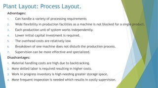 Plant Layout: Process Layout.
Advantages:
1. Can handle a variety of processing requirements
2. Wide flexibility in production facilities as a machine is not blocked for a single product.
3. Each production unit of system works independently.
4. Lower initial capital investment is required.
5. The overhead costs are relatively low.
6. Breakdown of one machine does not disturb the production process.
7. Supervision can be more effective and specialized.
Disadvantages:
1. Material handling costs are high due to backtracking.
2. More skilled labor is required resulting in higher costs.
3. Work in progress inventory is high needing greater storage space.
4. More frequent inspection is needed which results in costly supervision.
 
