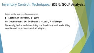 Inventory Control: Techniques: SDE & GOLF Analysis.
Based on the sources of procurement.
S – Scarce, D- Difficult, E- Easy.
G – Government, O – Ordinary, L – Local, F – Foreign.
Generally, helps in determining the lead-time and in deciding
on alternative procurement strategies.
 