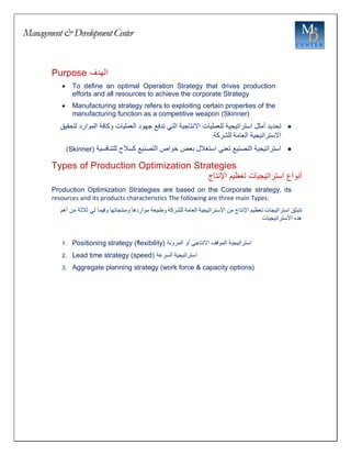 Management&DevelopmentCenter
Purpose ‫الهدف‬
 To define an optimal Operation Strategy that drives production
efforts and all resources to achieve the corporate Strategy
 Manufacturing strategy refers to exploiting certain properties of the
manufacturing function as a competitive weapon (Skinner)

‫استراتيجية‬ ‫أمثل‬ ‫تحديد‬
‫للعمليات‬
‫االنتاجية‬
‫التي‬
‫تدفع‬
‫جهود‬
‫العمليات‬
‫وكافة‬
‫ال‬
‫موارد‬
‫لتحقيق‬
‫اال‬
‫ستراتيجية‬
‫العامة‬
‫للشركة‬

‫كسالح‬ ‫التصنيع‬ ‫خواص‬ ‫بعض‬ ‫استغالل‬ ‫تعني‬ ‫التصنيع‬ ‫استراتيجية‬
‫للتنافسية‬
(Skinner)
Types of Production Optimization Strategies
‫استراتيجيات‬ ‫أنواع‬
‫اإلنتاج‬ ‫تعظيم‬
Production Optimization Strategies are based on the Corporate strategy, its
resources and its products characteristics The following are three main Types:
‫تنبثق‬
‫استراتيجات‬
‫تعظيم‬
‫اإلنتاج‬
‫من‬
‫االستراتيجية‬
‫العامة‬
‫للشركة‬
‫وطبيعة‬
‫مواردها‬
‫ومنتجاتها‬
‫وفيما‬
‫ل‬
‫أهم‬ ‫من‬ ‫ثالثة‬ ‫ي‬
‫االستراتيجيات‬ ‫هذه‬
1. Positioning strategy (flexibility) ‫استراتيجية‬
‫الموقف‬
‫االنتاجي‬
‫أو‬
‫المرونة‬
2. Lead time strategy (speed) ‫السرعة‬ ‫استراتيجية‬
3. Aggregate planning strategy (work force & capacity options)
 