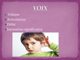  Volume
Articulation
Débit
Intonation significative