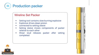 Eng. El Sayed Amer
06 Production packer
Wireline Set Packer
▪ Setting tool contains slow burning explosive
▪ Explosive drives down piston
▪ connected to setting sleeve
▪ Setting sleeve moves components of packer
relative to each other
▪ Shear stud releases packer after setting
completed
 
