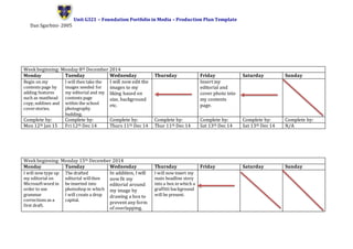 Unit G321 – Foundation Portfolio in Media – Production Plan Template
Dan Sgarbini- 2005
Week beginning: Monday 8th December 2014
Monday Tuesday Wednesday Thursday Friday Saturday Sunday
Begin on my
contents page by
adding features
such as masthead
copy,sublines and
coverstories.
I will then take the
images needed for
my editorial and my
contents page
within the school
photography
building.
I will now edit the
images to my
liking based on
size, background
etc.
Insert my
editorial and
cover photo into
my contents
page.
Complete by: Complete by: Complete by: Complete by: Complete by: Complete by: Complete by:
Mon 12th Jan 15 Fri 12th Dec 14 Thurs 11th Dec 14 Thur 11th Dec 14 Sat 13th Dec 14 Sat 13th Dec 14 N/A
Week beginning: Monday 15th December 2014
Monday Tuesday Wednesday Thursday Friday Saturday Sunday
I will now type up
my editorial on
Microsoftword in
order to use
grammar
corrections as a
first draft.
The drafted
editorial willthen
be inserted into
photoshop in which
I will create a drop
capital.
In addition, I will
now fit my
editorial around
my image by
drawing a box to
prevent any form
of overlapping.
I will now insert my
main headline story
into a box in which a
graffitti background
will be present.
 