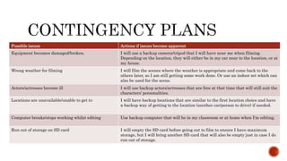 Possible issues Actions if issues become apparent
Equipment becomes damaged/broken. I will use a backup camera/tripod that I will have near me when filming.
Depending on the location, they will either be in my car near to the location, or at
my house.
Wrong weather for filming I will film the scenes where the weather is appropriate and come back to the
others later, so I am still getting some work done. Or use an indoor set which can
also be used for the scene.
Actors/actresses become ill I will use backup actors/actresses that are free at that time that will still suit the
characters’ personalities.
Locations are unavailable/unable to get to I will have backup locations that are similar to the first location choice and have
a backup way of getting to the location (another car/person to drive) if needed.
Computer breaks/stops working whilst editing Use backup computer that will be in my classroom or at home when I'm editing.
Run out of storage on SD card I will empty the SD card before going out to film to ensure I have maximum
storage, but I will bring another SD card that will also be empty just in case I do
run out of storage.
 