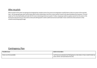 After my pitch
Aftermypitch tothe panel Iam goingto be changinghow complex some of myscenesare andgoingto simplifythemsotheyare easiertofilmandedit
later.I am alsogoingto getactors whichlooksoldersothat relationshipinthe filmismore realistic aswell asthe abuse betweenthe characters.Thiswill
make my filmmore believable andmake the filmmore interestingandtense towatch. Finally,Iamgoingto add lessspokenwordsfromthe actorsinthe
final scene andmore focuson the camera shotsand editingworkinordertoadd more tensionandmake itmore realisticforwhatsomeone inthat
situationwouldbe goingthrough.
Contingency Plan
Possible Issue: Action to be taken:
Actors are ill/unavailable I will have toreschedule the filmingdaytoa laterdate or have a lookforback up
actors whichI will planbefore the shot.
 