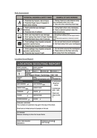 Risk Assessment
Location Scout Report
 