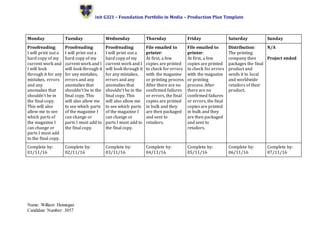 Unit G321 – Foundation Portfolio in Media – Production Plan Template
Name: William Hennegan
Candidate Number: 3057
Monday Tuesday Wednesday Thursday Friday Saturday Sunday
Proofreading:
I will print out a
hard copy of my
current work and
I will look
through it for any
mistakes, errors
and any
anomalies that
shouldn’t be in
the final copy.
This will also
allow me to see
which parts of
the magazine I
can change or
parts I must add
to the final copy.
Proofreading:
I will print out a
hard copy of my
current work and I
will look through it
for any mistakes,
errors and any
anomalies that
shouldn’t be in the
final copy. This
will also allow me
to see which parts
of the magazine I
can change or
parts I must add to
the final copy.
Proofreading:
I will print out a
hard copy of my
current work and I
will look through it
for any mistakes,
errors and any
anomalies that
shouldn’t be in the
final copy. This
will also allow me
to see which parts
of the magazine I
can change or
parts I must add to
the final copy.
File emailed to
printer:
At first, a few
copies are printed
to check for errors
with the magazine
or printing process.
After there are no
confirmed failures
or errors, the final
copies are printed
in bulk and they
are then packaged
and sent to
retailors.
File emailed to
printer:
At first, a few
copies are printed
to check for errors
with the magazine
or printing
process. After
there are no
confirmed failures
or errors, the final
copies are printed
in bulk and they
are then packaged
and sent to
retailors.
Distribution:
The printing
company then
packages the final
product and
sends it to local
and worldwide
retailors of their
product.
N/A
Project ended
Complete by:
01/11/16
Complete by:
02/11/16
Complete by:
03/11/16
Complete by:
04/11/16
Complete by:
05/11/16
Complete by:
06/11/16
Complete by:
07/11/16
 