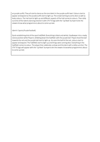 an purple outfit). They all startto dance as the one talent in the purple outfit lead. Coloursstartto
appear andexpand as the purpleoutfit start to light up. The crowd starting tocome alive as well as
lively colours. The hall startto light up and different aspects of the hall comesto colours. Then dolly
outshot of the talents dancing andend it with CTK TV logo with the ‘UpNext’ bumper tolet the
viewers know what programmeis aboutto come upnext.
Ident4: Sports(Purple football)
Quick establishingshotof the sporthall/field (Everythingis black and white). Goalkeeper into a ready
stance positionwhile Playeris dribblingdownthe hall/field with the purple ball. Playershootthe ball
towardsthe net and the purple ball startto light up. As soonthe ball hit the net, coloursstart to
appear andexpand. The hall/field startto light up andthings were comingalive. Everythingin the
hall/field comes to colour. The playerthen celebrates andwe end the ident with a dolly outshot. The
CTK TV logo will appear with the ‘UpNext’ bumpertolet the viewers knowwhat programmeis about
to come upnext.
 