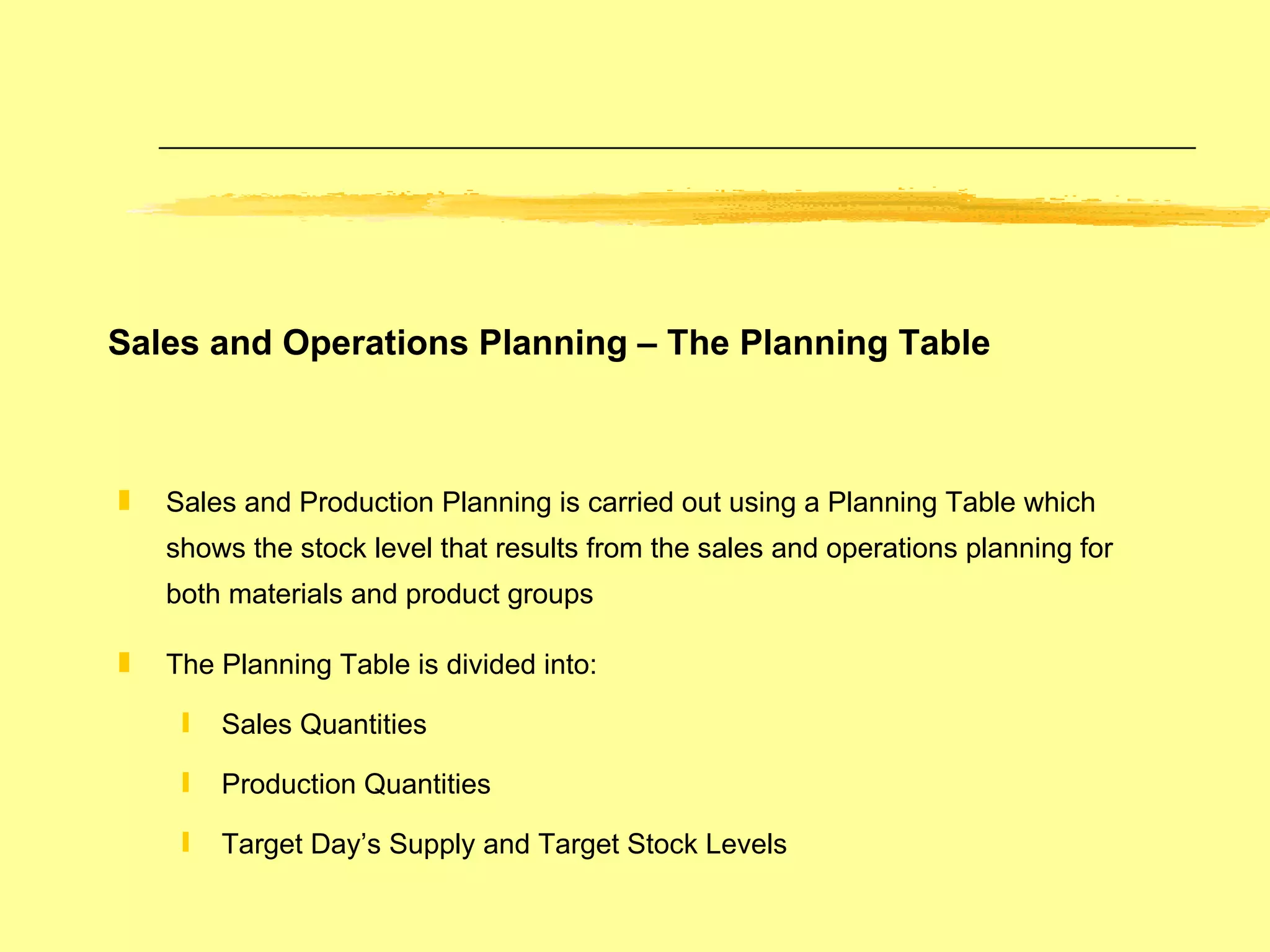 Sales and Production Planning is carried out using a Planning Table which shows the stock level that results from the sales and operations planning for both materials and product groups The Planning Table is divided into: Sales Quantities Production Quantities  Target Day’s Supply and Target Stock Levels Sales and Operations Planning – The Planning Table 