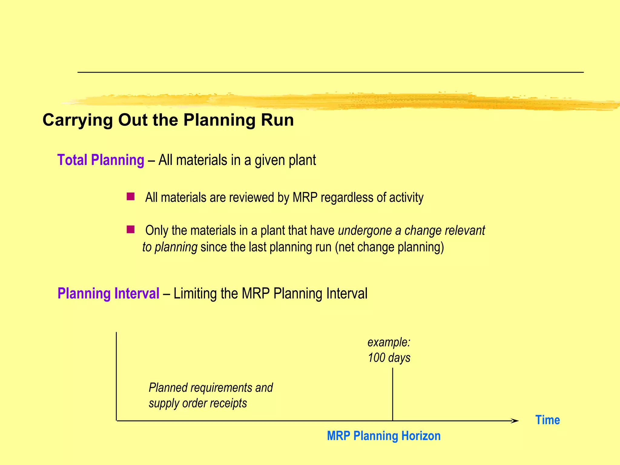 Carrying Out the Planning Run Total Planning  – All materials in a given plant All materials are reviewed by MRP regardless of activity Only the materials in a plant that have  undergone a change relevant  to planning  since the last planning run (net change planning)  Planning Interval  – Limiting the MRP Planning Interval Time Planned requirements and supply order receipts example: 100 days MRP Planning Horizon 