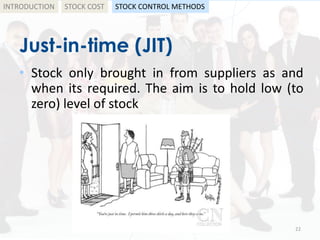 Just-in-time (JIT)
• Stock only brought in from suppliers as and
when its required. The aim is to hold low (to
zero) level of stock
by: Shadi A. Razak 22
INTRODUCTION STOCK COST STOCK CONTROL METHODS
 
