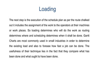 Loading
The next step is the execution of the schedule plan as per the route chalked
out it includes the assignment of the work to the operators at their machines
or work places. So loading determines who will do the work as routing
determines where and scheduling determines when it shall be done. Gantt
Charts are most commonly used in small industries in order to determine
the existing load and also to foresee how fast a job can be done. The
usefulness of their technique lies in the fact that they compare what has
been done and what ought to have been done.
 