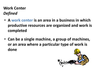 Work Center
Defined
• A work center is an area in a business in which
productive resources are organized and work is
completed
• Can be a single machine, a group of machines,
or an area where a particular type of work is
done
 