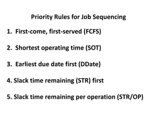 Priority Rules for Job Sequencing
1. First-come, first-served (FCFS)
2. Shortest operating time (SOT)
3. Earliest due date first (DDate)
4. Slack time remaining (STR) first
5. Slack time remaining per operation (STR/OP)
 
