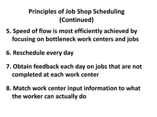 Principles of Job Shop Scheduling
(Continued)
5. Speed of flow is most efficiently achieved by
focusing on bottleneck work centers and jobs
6. Reschedule every day
7. Obtain feedback each day on jobs that are not
completed at each work center
8. Match work center input information to what
the worker can actually do
 