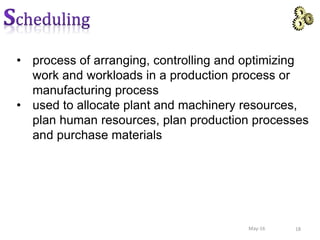 • process of arranging, controlling and optimizing
work and workloads in a production process or
manufacturing process
• used to allocate plant and machinery resources,
plan human resources, plan production processes
and purchase materials
18May-16
 