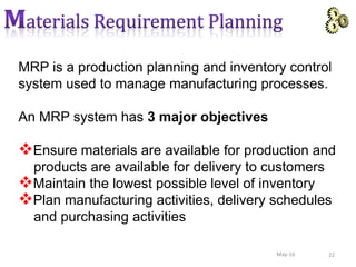 MRP is a production planning and inventory control
system used to manage manufacturing processes.
An MRP system has 3 major objectives
Ensure materials are available for production and
products are available for delivery to customers
Maintain the lowest possible level of inventory
Plan manufacturing activities, delivery schedules
and purchasing activities
22May-16
 