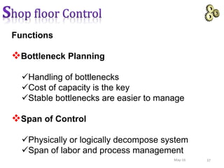 Functions
Bottleneck Planning
Handling of bottlenecks
Cost of capacity is the key
Stable bottlenecks are easier to manage
Span of Control
Physically or logically decompose system
Span of labor and process management
37May-16
 