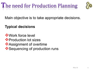 Main objective is to take appropriate decisions.
Typical decisions
Work force level
Production lot sizes
Assignment of overtime
Sequencing of production runs
4May-16
 