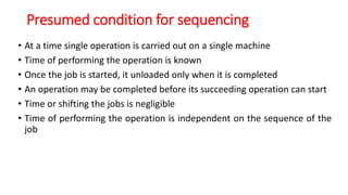 Presumed condition for sequencing
• At a time single operation is carried out on a single machine
• Time of performing the operation is known
• Once the job is started, it unloaded only when it is completed
• An operation may be completed before its succeeding operation can start
• Time or shifting the jobs is negligible
• Time of performing the operation is independent on the sequence of the
job
 