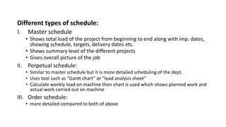 Different types of schedule:
I. Master schedule
• Shows total load of the project from beginning to end along with imp. dates,
showing schedule, targets, delivery dates etc.
• Shows summary level of the different projects
• Gives overall picture of the job
II. Perpetual schedule:
• Similar to master schedule but it is more detailed scheduling of the dept.
• Uses tool such as “Gantt chart” or “load analysis sheet”
• Calculate weekly load on machine then chart is used which shows planned work and
actual work carried out on machine
III. Order schedule:
• more detailed compared to both of above
 