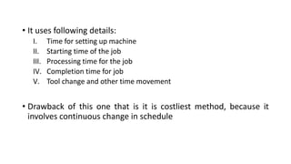 • It uses following details:
I. Time for setting up machine
II. Starting time of the job
III. Processing time for the job
IV. Completion time for job
V. Tool change and other time movement
• Drawback of this one that is it is costliest method, because it
involves continuous change in schedule
 