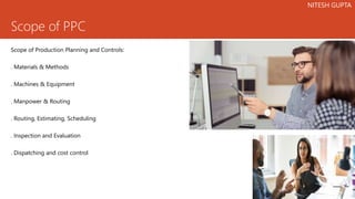 Scope of PPC
Scope of Production Planning and Controls:
. Materials & Methods
. Machines & Equipment
. Manpower & Routing
. Routing, Estimating, Scheduling
. Inspection and Evaluation
. Dispatching and cost control
NITESH GUPTA
 