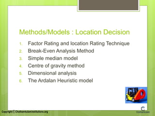 Methods/Models : Location Decision
1. Factor Rating and location Rating Technique
2. Break-Even Analysis Method
3. Simple median model
4. Centre of gravity method
5. Dimensional analysis
6. The Ardalan Heuristic model
 