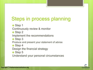 Steps in process planning
 Step 1
Continuously review & monitor
 Step 2
Implement the recommendations
 Step 3
Produce and present your statement of advise
 Step 4
Design the financial strategy
 Step 5
Understand your personal circumstances
 