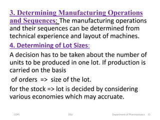 3. Determining Manufacturing Operations
and Sequences: The manufacturing operations
and their sequences can be determined from
technical experience and layout of machines.
4. Determining of Lot Sizes:
A decision has to be taken about the number of
units to be produced in one lot. If production is
carried on the basis
of orders => size of the lot.
for the stock => lot is decided by considering
various economies which may accruate.
COPS DSU Department of Pharmaceutics 15
 