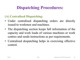 Dispatching Procedures:
(A) Centralised Dispatching:
• Under centralised dispatching orders are directly
issued to workmen and machines.
• The dispatching section keeps full information of the
capacity and work loads of various machines or work
centres and sends instructions as per requirements.
• Centralised despatching helps in exercising effective
control.
COPS DSU Department of Pharmaceutics 25
 