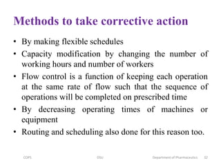 Methods to take corrective action
• By making flexible schedules
• Capacity modification by changing the number of
working hours and number of workers
• Flow control is a function of keeping each operation
at the same rate of flow such that the sequence of
operations will be completed on prescribed time
• By decreasing operating times of machines or
equipment
• Routing and scheduling also done for this reason too.
COPS DSU Department of Pharmaceutics 32
 