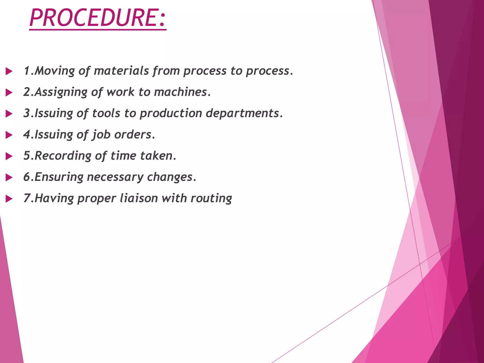 PROCEDURE:
 1.Moving of materials from process to process.
 2.Assigning of work to machines.
 3.Issuing of tools to production departments.
 4.Issuing of job orders.
 5.Recording of time taken.
 6.Ensuring necessary changes.
 7.Having proper liaison with routing
 