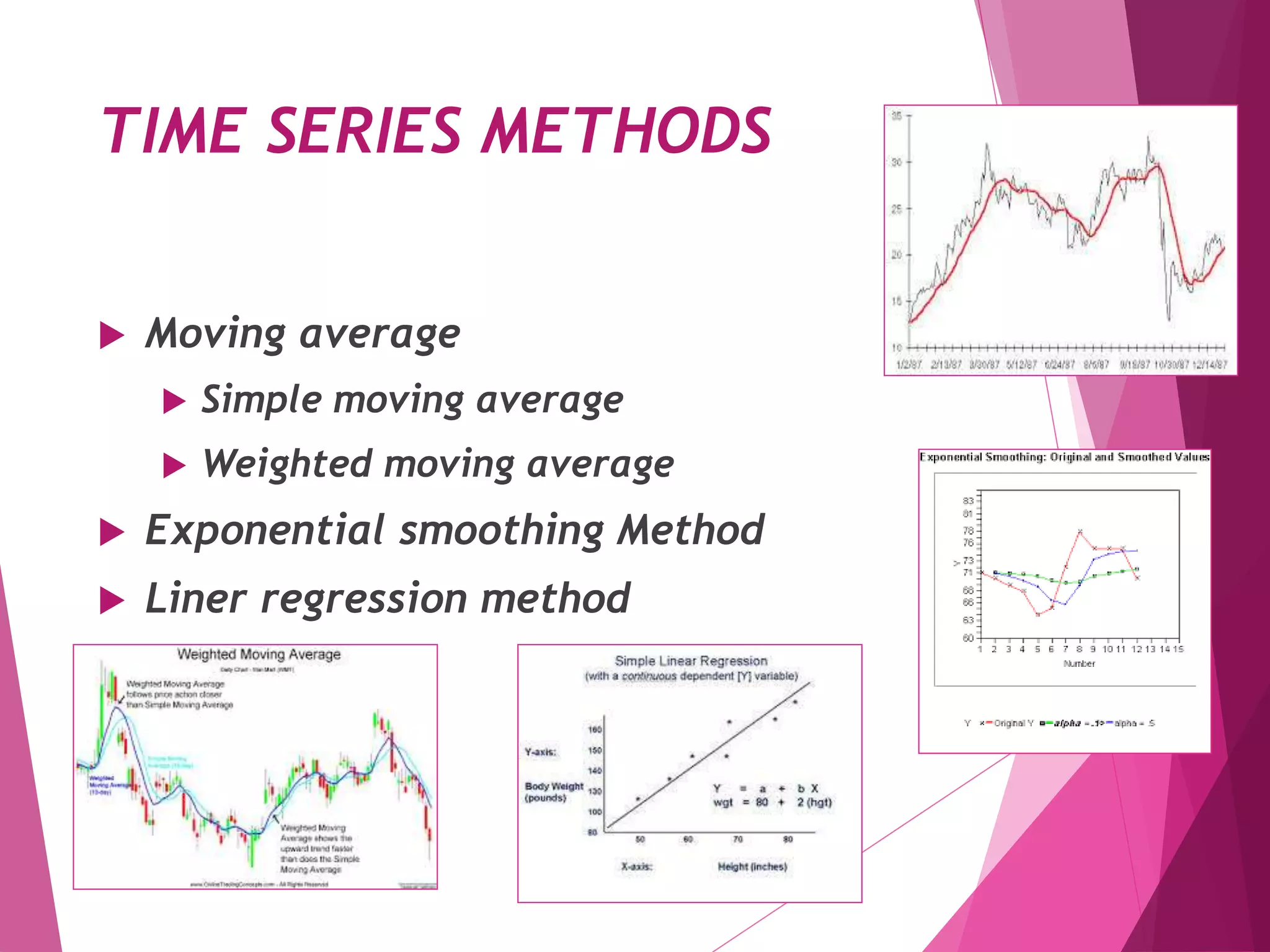 TIME SERIES METHODS
 Moving average
 Simple moving average
 Weighted moving average
 Exponential smoothing Method
 Liner regression method
 