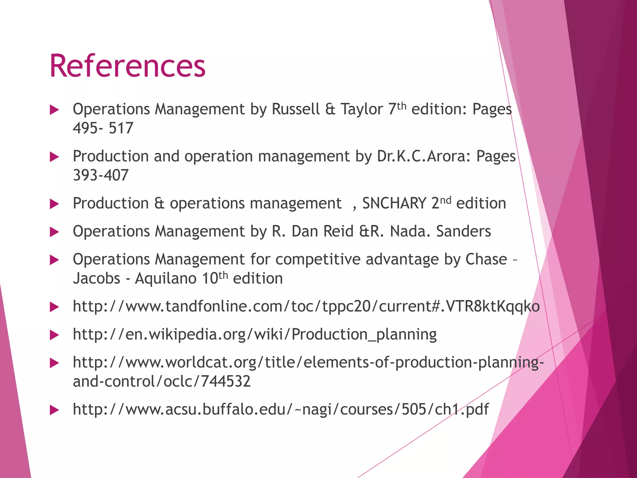References
 Operations Management by Russell & Taylor 7th edition: Pages
495- 517
 Production and operation management by Dr.K.C.Arora: Pages
393-407
 Production & operations management , SNCHARY 2nd edition
 Operations Management by R. Dan Reid &R. Nada. Sanders
 Operations Management for competitive advantage by Chase –
Jacobs - Aquilano 10th edition
 http://www.tandfonline.com/toc/tppc20/current#.VTR8ktKqqko
 http://en.wikipedia.org/wiki/Production_planning
 http://www.worldcat.org/title/elements-of-production-planning-
and-control/oclc/744532
 http://www.acsu.buffalo.edu/~nagi/courses/505/ch1.pdf
 