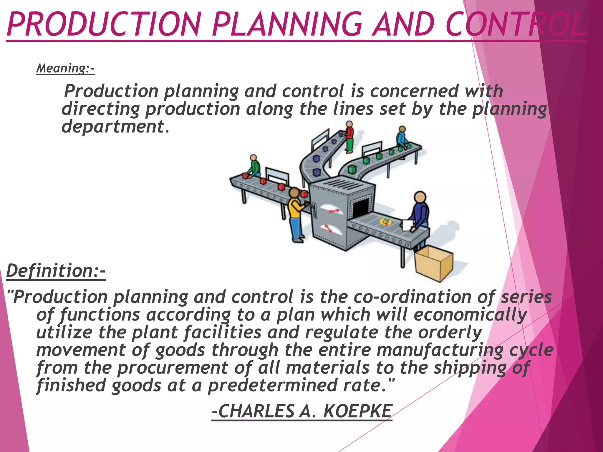 PRODUCTION PLANNING AND CONTROL
Meaning:-
Production planning and control is concerned with
directing production along the lines set by the planning
department.
Definition:-
"Production planning and control is the co-ordination of series
of functions according to a plan which will economically
utilize the plant facilities and regulate the orderly
movement of goods through the entire manufacturing cycle
from the procurement of all materials to the shipping of
finished goods at a predetermined rate."
-CHARLES A. KOEPKE
 