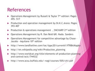 References
 Operations Management by Russell & Taylor 7th edition: Pages
495- 517
 Production and operation management by Dr.K.C.Arora: Pages
393-407
 Production & operations management , SNCHARY 2nd edition
 Operations Management by R. Dan Reid &R. Nada. Sanders
 Operations Management for competitive advantage by Chase –
Jacobs - Aquilano 10th edition
 http://www.tandfonline.com/toc/tppc20/current#.VTR8ktKqqko
 http://en.wikipedia.org/wiki/Production_planning
 http://www.worldcat.org/title/elements-of-production-planning-
and-control/oclc/744532
 http://www.acsu.buffalo.edu/~nagi/courses/505/ch1.pdf
 