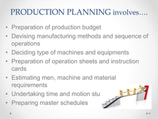 PRODUCTION PLANNING involves….
• Preparation of production budget
• Devising manufacturing methods and sequence of
operations
• Deciding type of machines and equipments
• Preparation of operation sheets and instruction
cards
• Estimating men, machine and material
requirements
• Undertaking time and motion studies
• Preparing master schedules
11
 