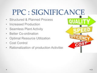 PPC : SIGNIFICANCE
• Structured & Planned Process
• Increased Production
• Seamless Plant Activity
• Better Co-ordination
• Optimal Resource Utilization
• Cost Control
• Rationalization of production Activities
26
 