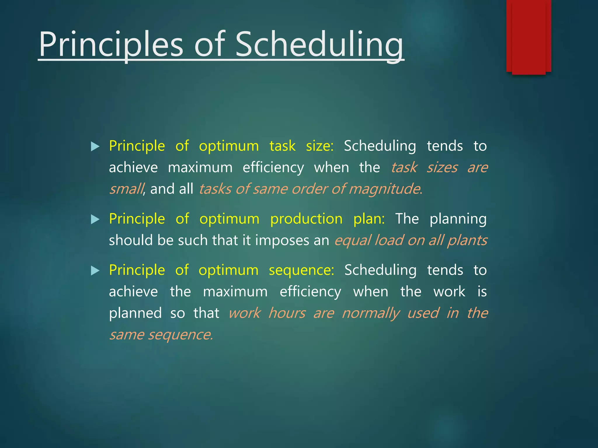 Principles of Scheduling
 Principle of optimum task size: Scheduling tends to
achieve maximum efficiency when the task sizes are
small, and all tasks of same order of magnitude.
 Principle of optimum production plan: The planning
should be such that it imposes an equal load on all plants
 Principle of optimum sequence: Scheduling tends to
achieve the maximum efficiency when the work is
planned so that work hours are normally used in the
same sequence.
 
