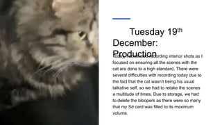Tuesday 19th
December:
Production
Today, I continued recording interior shots as I
focused on ensuring all the scenes with the
cat are done to a high standard. There were
several difficulties with recording today due to
the fact that the cat wasn’t being his usual
talkative self, so we had to retake the scenes
a multitude of times. Due to storage, we had
to delete the bloopers as there were so many
that my Sd card was filled to its maximum
volume.
 
