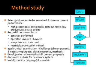    Select job/process to be examined & observe current
    performance
     high process cost, bottlenecks, tortuous route, low
       productivity, erratic quality
   Record & document facts
     activities performed
     operators involved - how etc
     equipment and tools used
     materials processed or moved
   apply critical examination - challenge job components
    & necessity (purpose, place, sequence, method).
   develop alternative methods & present proposals
   document as base for new work system
   Install, monitor (slippage) & maintain
 