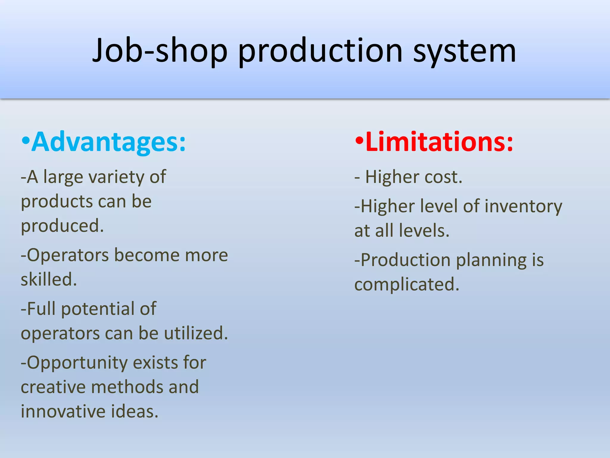 Job-shop production system
•Advantages:
-A large variety of
products can be
produced.
-Operators become more
skilled.
-Full potential of
operators can be utilized.
-Opportunity exists for
creative methods and
innovative ideas.
•Limitations:
- Higher cost.
-Higher level of inventory
at all levels.
-Production planning is
complicated.
 