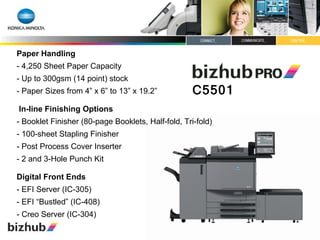 Paper Handling - 4,250 Sheet Paper Capacity - Up to 300gsm (14 point) stock - Paper Sizes from 4” x 6” to 13” x 19.2”   In-line Finishing Options - Booklet Finisher (80-page Booklets, Half-fold, Tri-fold) - 100-sheet Stapling Finisher - Post Process Cover Inserter  - 2 and 3-Hole Punch Kit Digital Front Ends - EFI Server (IC-305) - EFI “Bustled” (IC-408) - Creo Server (IC-304) C5501 