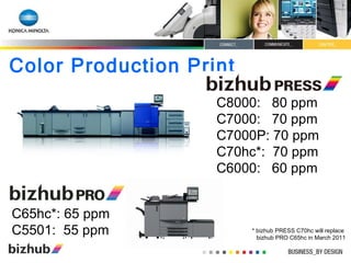 Color Production Print C8000:  80 ppm C7000:  70 ppm C7000P: 70 ppm C70hc*:  70 ppm  C6000:  60 ppm C65hc*: 65 ppm C5501:  55 ppm * bizhub PRESS C70hc will replace bizhub PRO C65hc in March 2011 